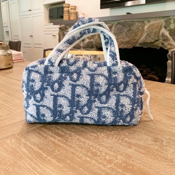 DIOR Blue Terry Cloth Bag Trotter Monogram Diorissimo Boston Cosmetic Pouch - Picture 7 of 16